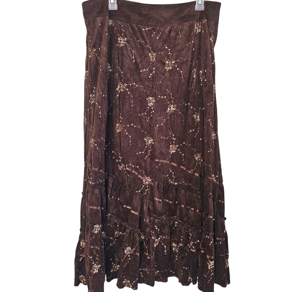 Vanny USA Brown Faux Suede Floral Embroidered Tiered Maxi Skirt Large Boho Retro